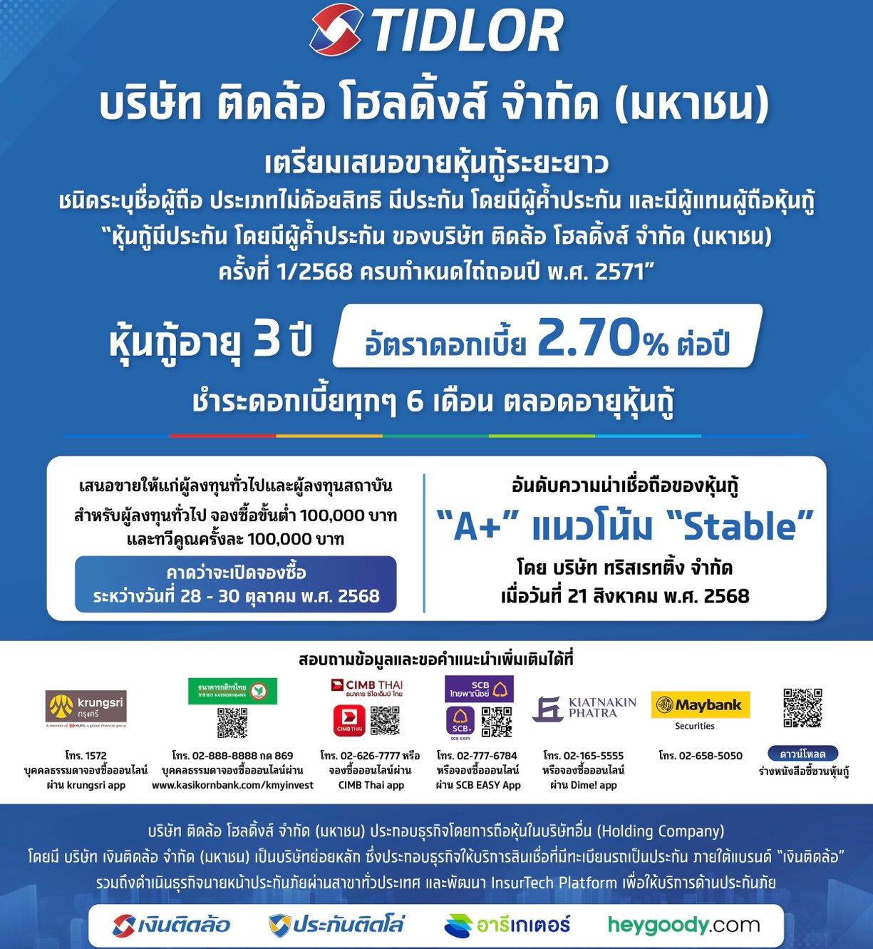 TIDLOR เคาะดอกเบี้ยหุ้นกู้อายุ 3 ปี ที่ 2.70%ชูเรทติ้ง