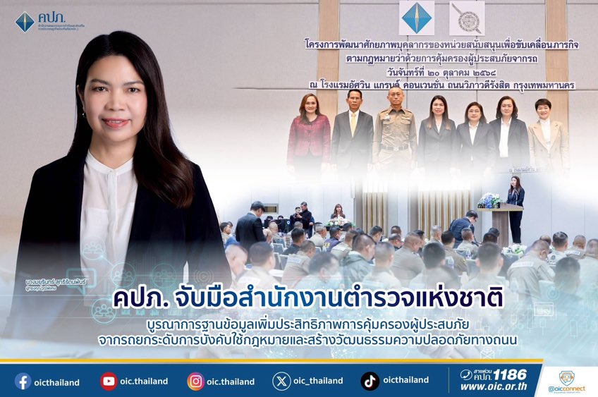 คปภ. จับมือสำนักงานตำรวจแห่งชาติ บูรณาการฐานข้อมูลเพิ่มประสิทธิภาพการคุ้มครองผู้ประสบภัยจากรถยกระดับการบังคับใช้กฎหมายและสร้างวัฒนธรรมความปลอดภัยทางถนน