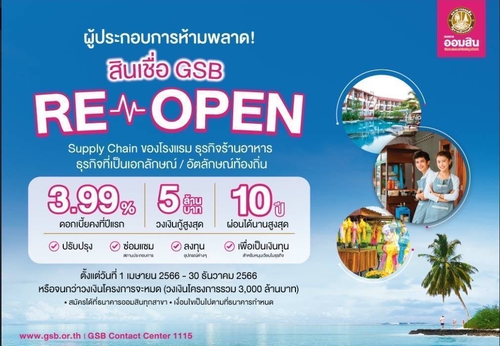 ออมสิน เปิดสินเชื่อ GSB ReOpen เฟส 2 หนุนท่องเที่ยวขับเคลื่อนเศรษฐกิจไทยวงเงินกู้ไม่เกิน 5 ล้านดอกเบี้ยคงที่ปีแรก 3.99% ปลอดชำระเงินต้น 2 ปี ผ่อนนานสูงสุด 10 ปี