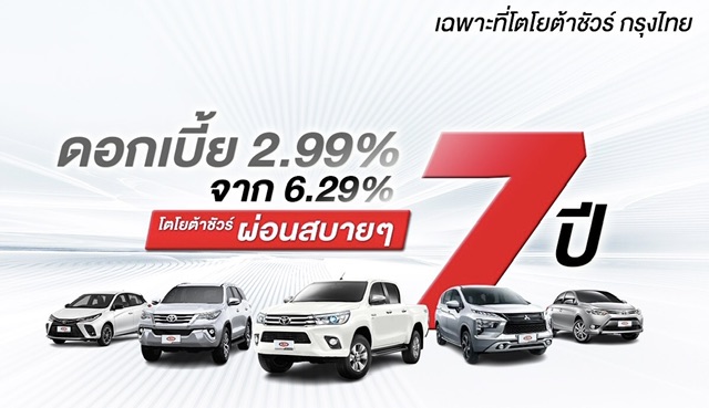 โตโยต้าชัวร์ กรุงไทย อัดโปรโมชัน ช็อควงการรถยนต์มือสอง ดอกเบี้ย 2.99% ผ่อน 7 ปี ดั๊มดอกเบี้ยถูกกว่ารถใหม่และต่ำกว่าตลาดเกินครึ่ง