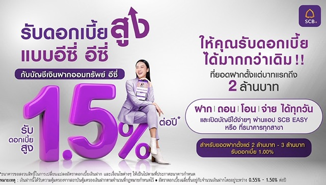 SCB ส่ง “บัญชีเงินฝากออมทรัพย์ อีซี่” รับดอกเบี้ยสูงแบบอีซี่ อีซี่ 1.50% ต่อปี*ตั้งแต่บาทแรกถึง 2 ล้านบาท ฝาก-ถอน-โอน-จ่ายผ่าน SCB EASY ได้ทุกวัน