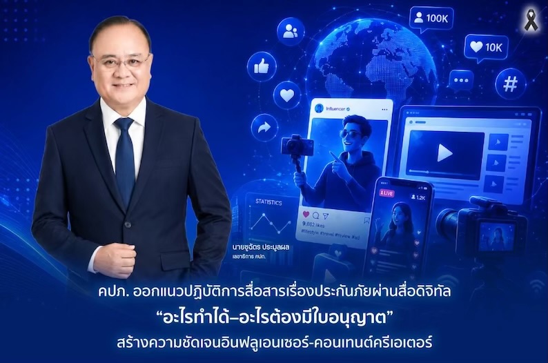 คปภ. ออกแนวปฏิบัติการสื่อสารเรื่องประกันภัยผ่านสื่อดิจิทัล “อะไรทำได้–อะไรต้องมีใบอนุญาต”สร้างความชัดเจนอินฟลูเอนเซอร์-คอนเทนต์ครีเอเตอร์