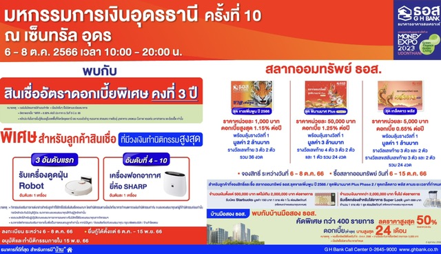 ธอส. จัดโปรโมชันร่วมงานมหกรรมการเงินอุดรธานี ครั้งที่ 10นำโดยสินเชื่อบ้านดอกเบี้ยต่ำ 6 เดือนแรกเพียง 0.70% ต่อปี เท่านั้น!!