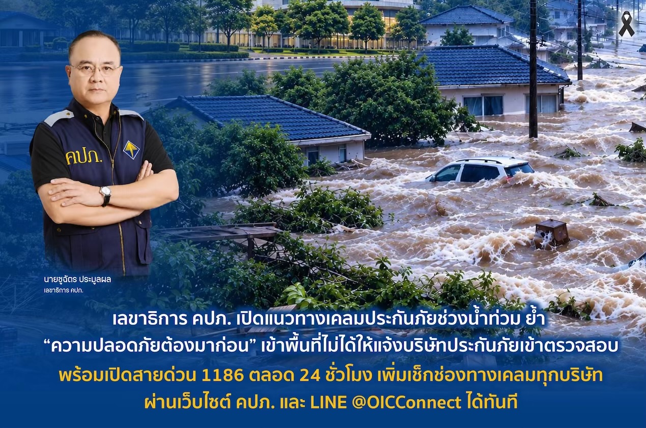 คปภ. เปิดแนวทางเคลมประกันภัยช่วงน้ำท่วม ย้ำ “ความปลอดภัยต้องมาก่อน”เข้าพื้นที่ไม่ได้ให้แจ้งบริษัทประกันภัยเข้าตรวจสอบ พร้อมเปิดสายด่วน 1186 ตลอด 24 ชั่วโมง เพิ่มเช็กช่องทางเคลมทุกบริษัทผ่านเว็บไซต์ คปภ. และ LINE @OICCONNECT ได้ทันที