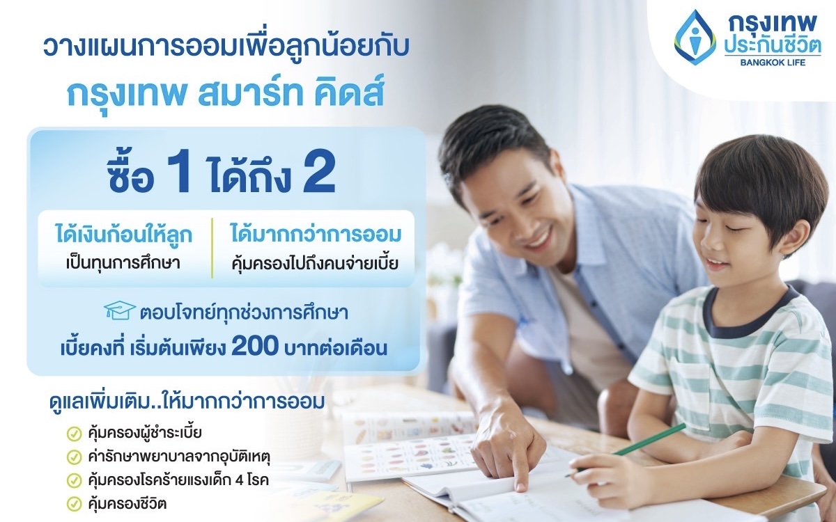 กรุงเทพประกันชีวิต ออก “กรุงเทพ สมาร์ท คิดส์” ซื้อ 1 ได้ถึง 2ตอบโจทย์แผนสร้างกองทุนการศึกษาเพื่ออนาคตลูก 