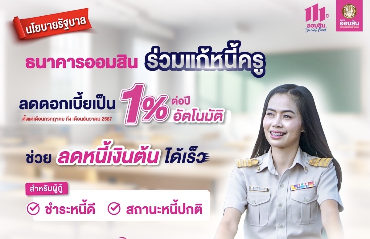 รัฐบาล เร่ง ออมสิน ช่วยลดภาระหนี้ครู ขับเคลื่อนแก้หนี้อย่างยั่งยืนประกาศลดดอกเบี้ยกลุ่มครูผ่อนดีเป็น 1% ต่อปี เป็นเวลา 6 เดือน เริ่ม ก.ค. นี้ 
