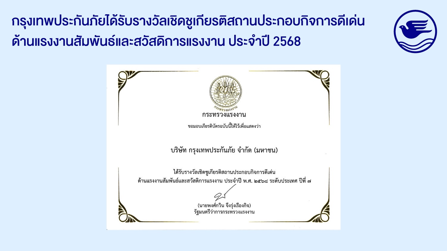 กรุงเทพประกันภัยรับรางวัลเชิดชูเกียรติ “สถานประกอบกิจการดีเด่น ด้านแรงงานสัมพันธ์และสวัสดิการแรงงาน ระดับประเทศ” ประจำปี 2568 ต่อเนื่องเป็นปีที่ 7