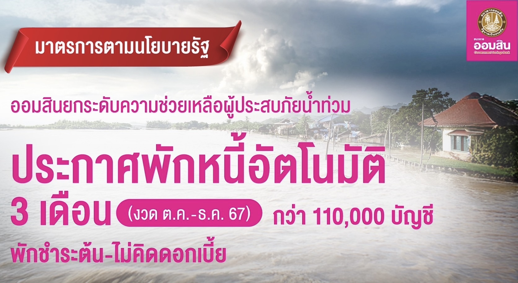 ออมสิน ขานรับนโยบายรัฐช่วยลูกหนี้ประสบภัยน้ำท่วม ประกาศพักหนี้อัตโนมัติ 3 เดือนให้พักชำระเงินต้น ไม่คิดดอกเบี้ย จำนวนกว่า 110,000 บัญชี งวดต.ค.-ธ.ค. 67