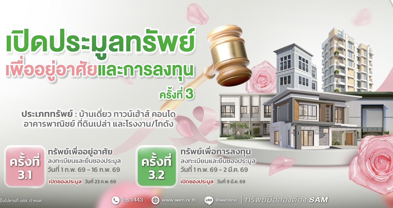 SAM ขนทรัพย์ NPA ทำเลทองทั่วไทย เปิดประมูลกว่า 96 ล้านบาทอัดโปรฯ แรง “ฟรีโอนไม่อั้น” พร้อมมอบค่าแนะนำสูงสุด 3 ล้านบาท